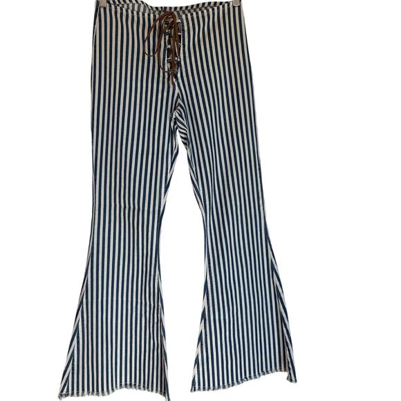 Dance & Marvel High Waist Striped Flare Pants Lace Up Blue White S - Picture 1 of 7